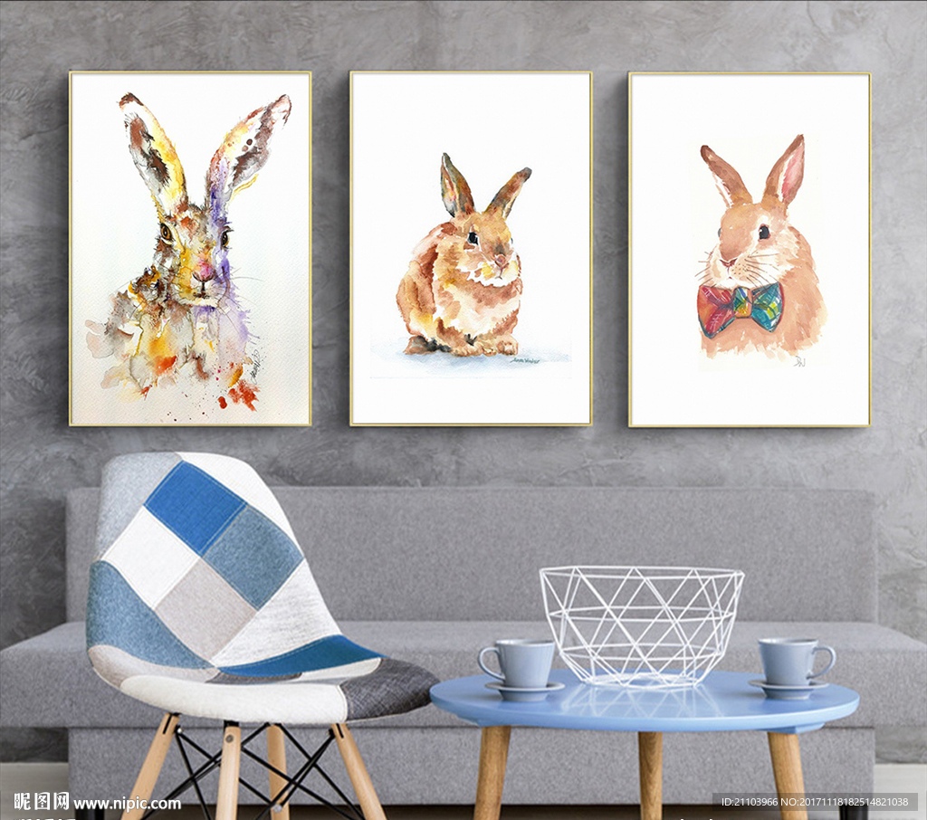 北欧水彩动物兔子装饰画