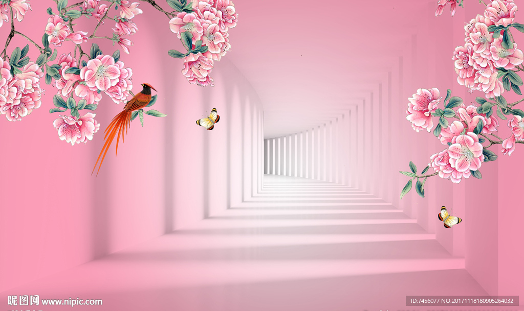 唯美花鸟立体背景墙
