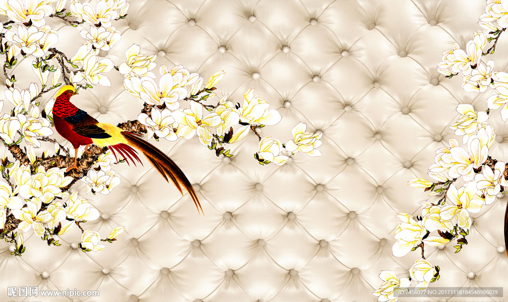 玉兰花花鸟软包背景墙