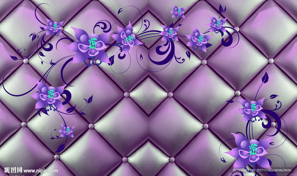 紫色花卉花藤软包背景墙