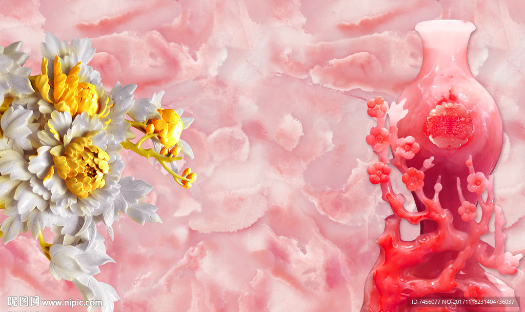 花瓶牡丹花玉石背景墙