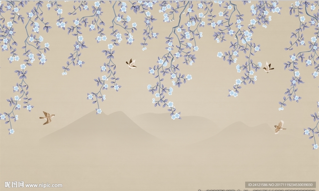 手绘新中式梅花花鸟背景墙