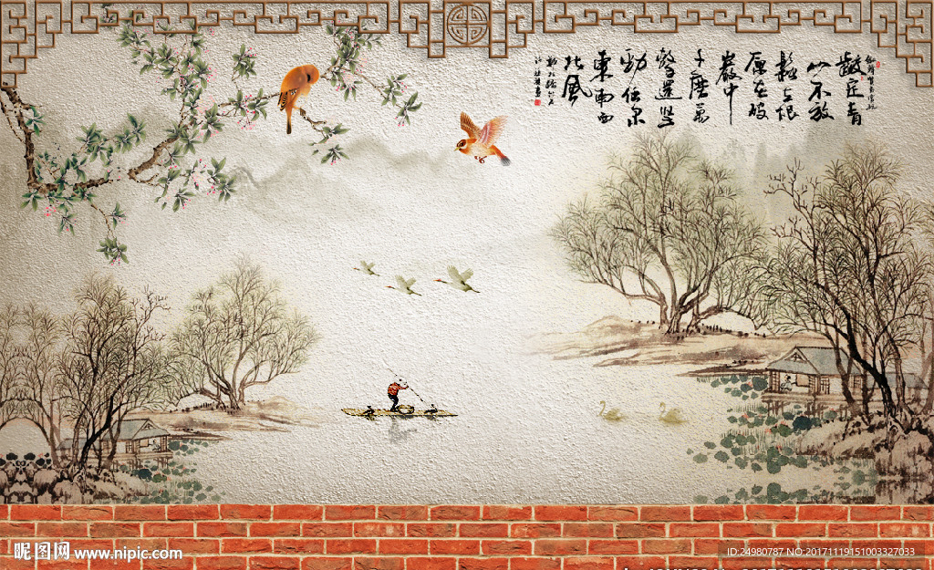 山水花鸟背景墙
