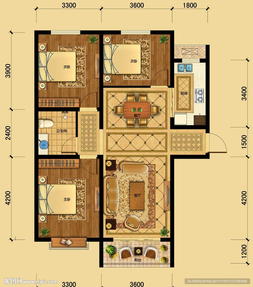 PSD高端户型图填彩平面图