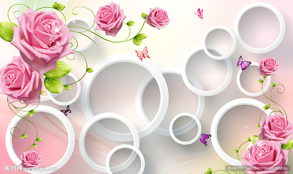 现代玫瑰蝴蝶简约圈圈电视背景墙