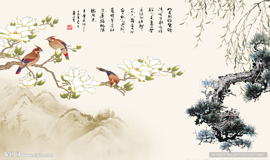 花鸟水墨风景画背景墙