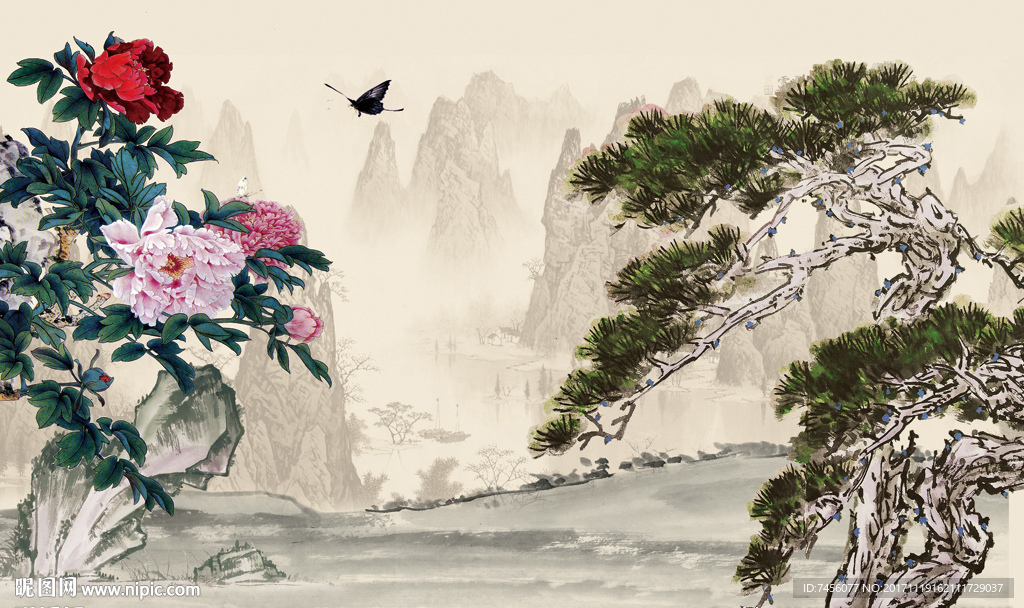牡丹花水墨松树风景画背景墙
