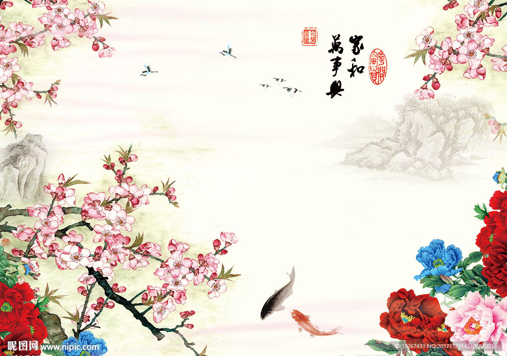 中国风牡丹桃花电视背景墙