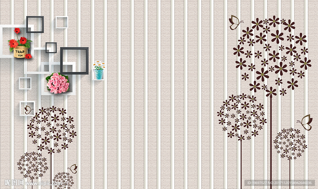 3d竖条纹蒲公英电视背景墙