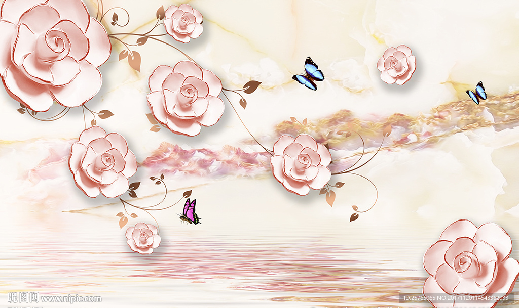 彩雕玫瑰欧式大理石电视背景墙