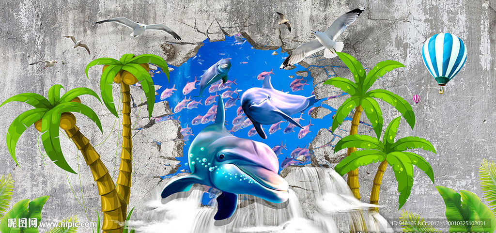 创意海豚破墙装饰画背景墙