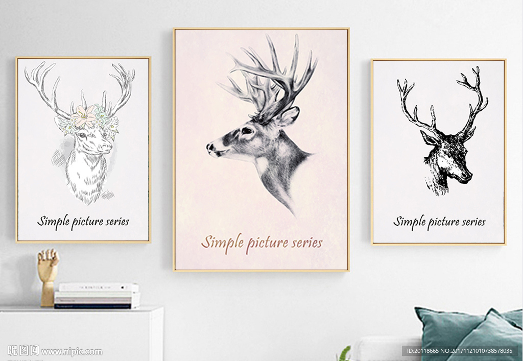 北欧简约抽象森林麋鹿装饰画三联