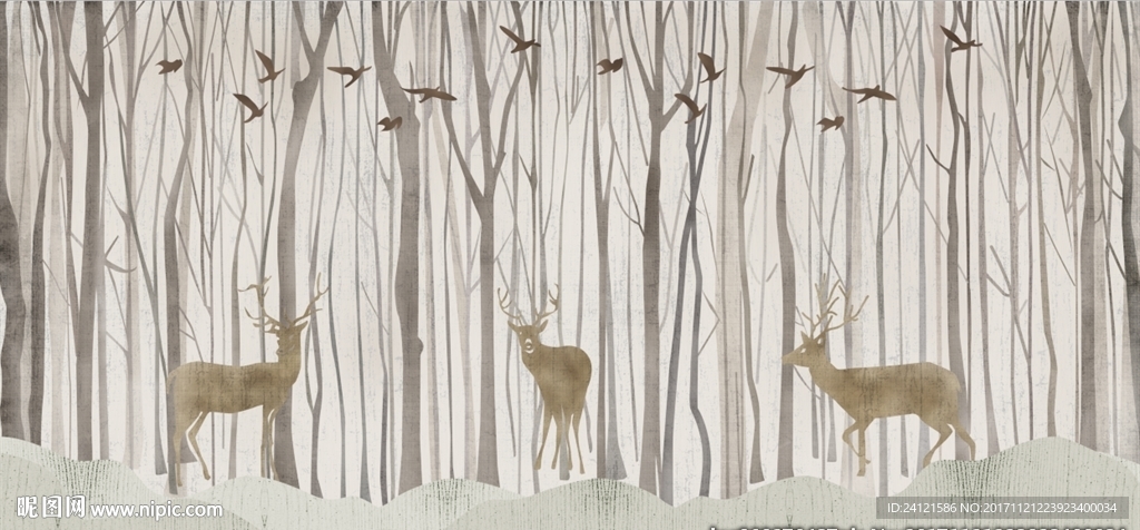 手绘抽象树林麋鹿背景墙