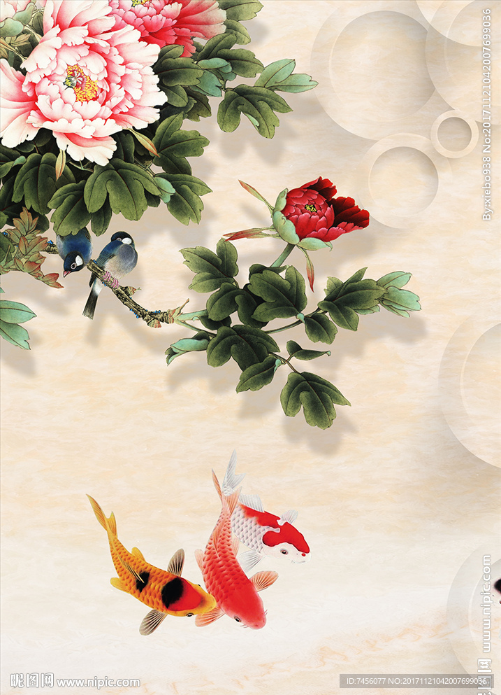 牡丹花游鱼中式玄关壁画
