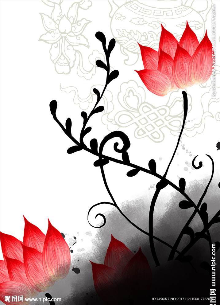 水墨莲花玄关壁画