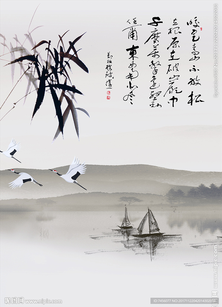 水墨竹林仙鹤风景画玄关过道