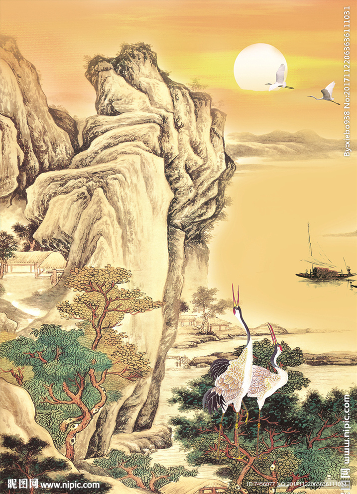 仙鹤水墨山林玄关过道