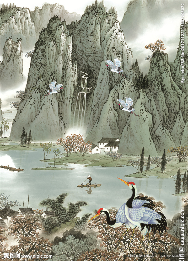 仙鹤水墨山脉风景画玄关过道