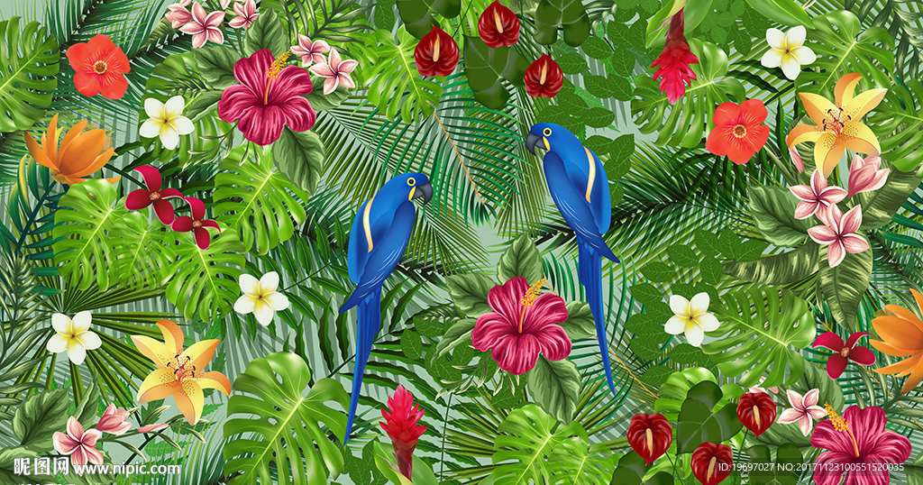 手绘鹦鹉热带雨林热带植物背景墙