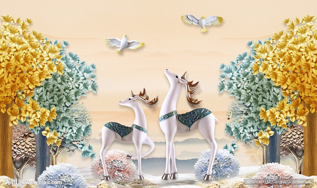 3D立体浮雕梅花鹿田园风背景墙