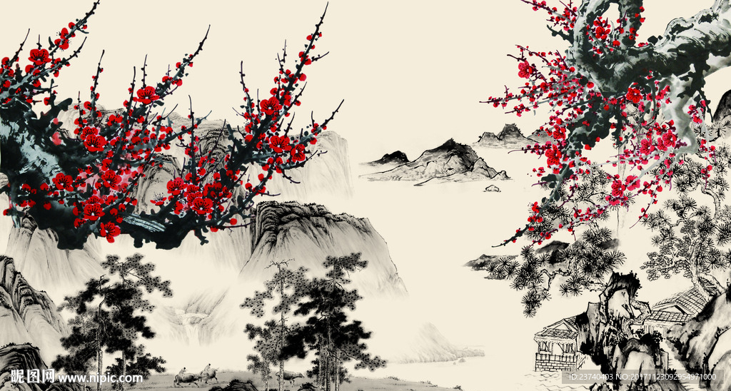 国画梅花背景墙