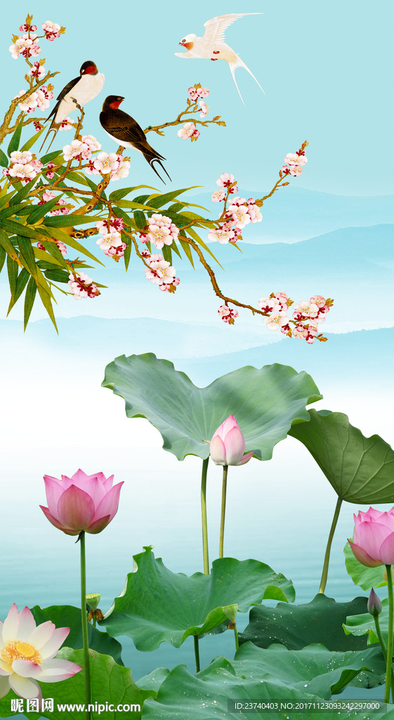 玄关荷花背景墙