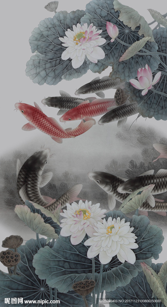 荷花鲤鱼图背景墙