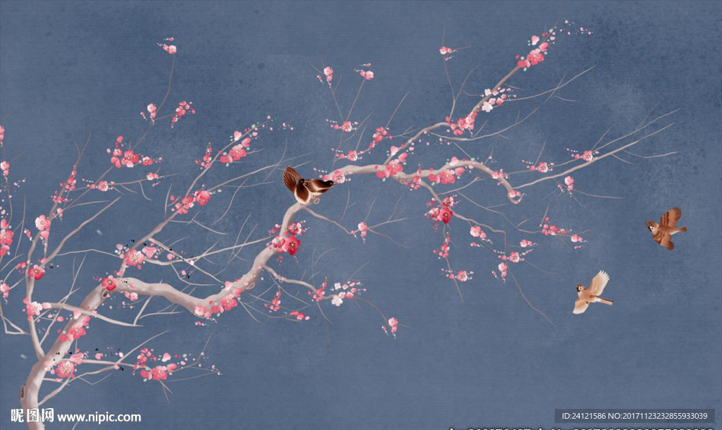 手绘花鸟梅花背景墙