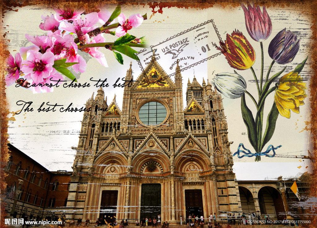 欧式建筑花卉装饰画