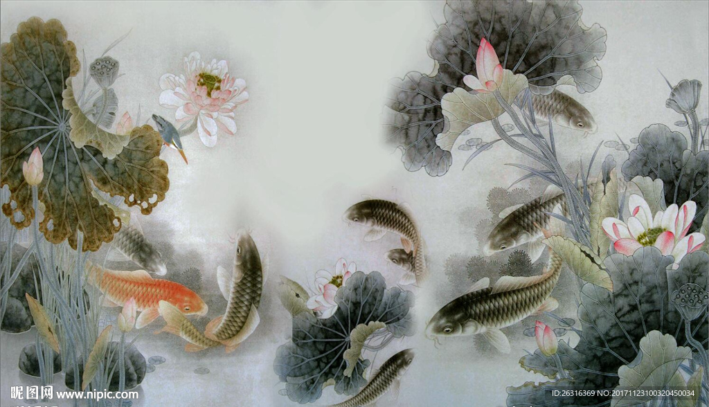荷花鲤鱼电视背景墙