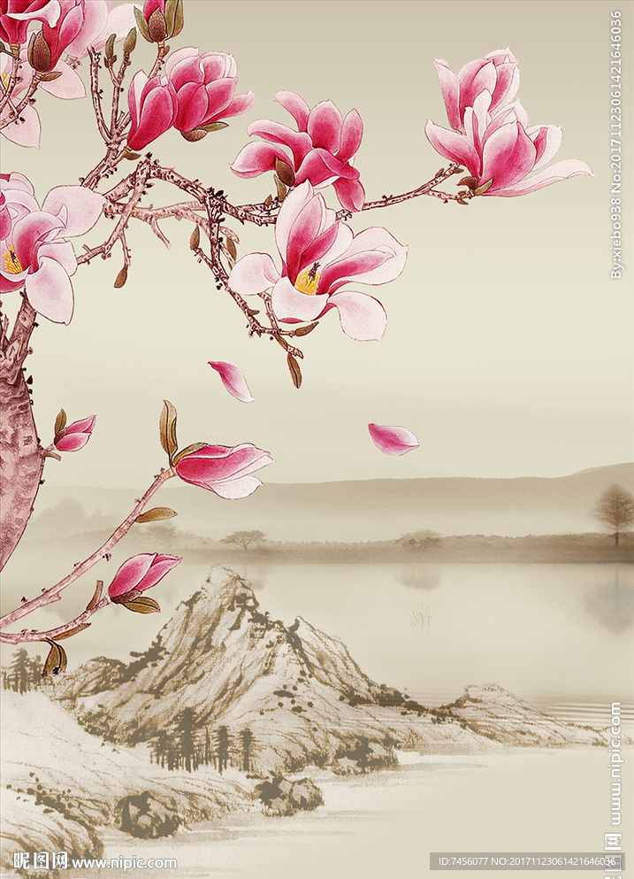 水墨兰花飘花中式玄关过道