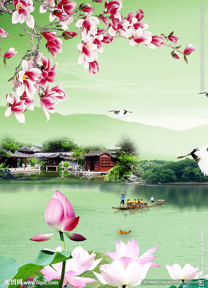 水墨风景画莲花中式玄关过道
