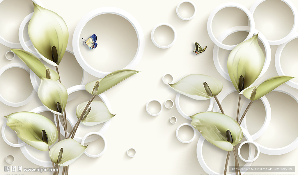3d圆圈马蹄莲蝴蝶电视背景墙
