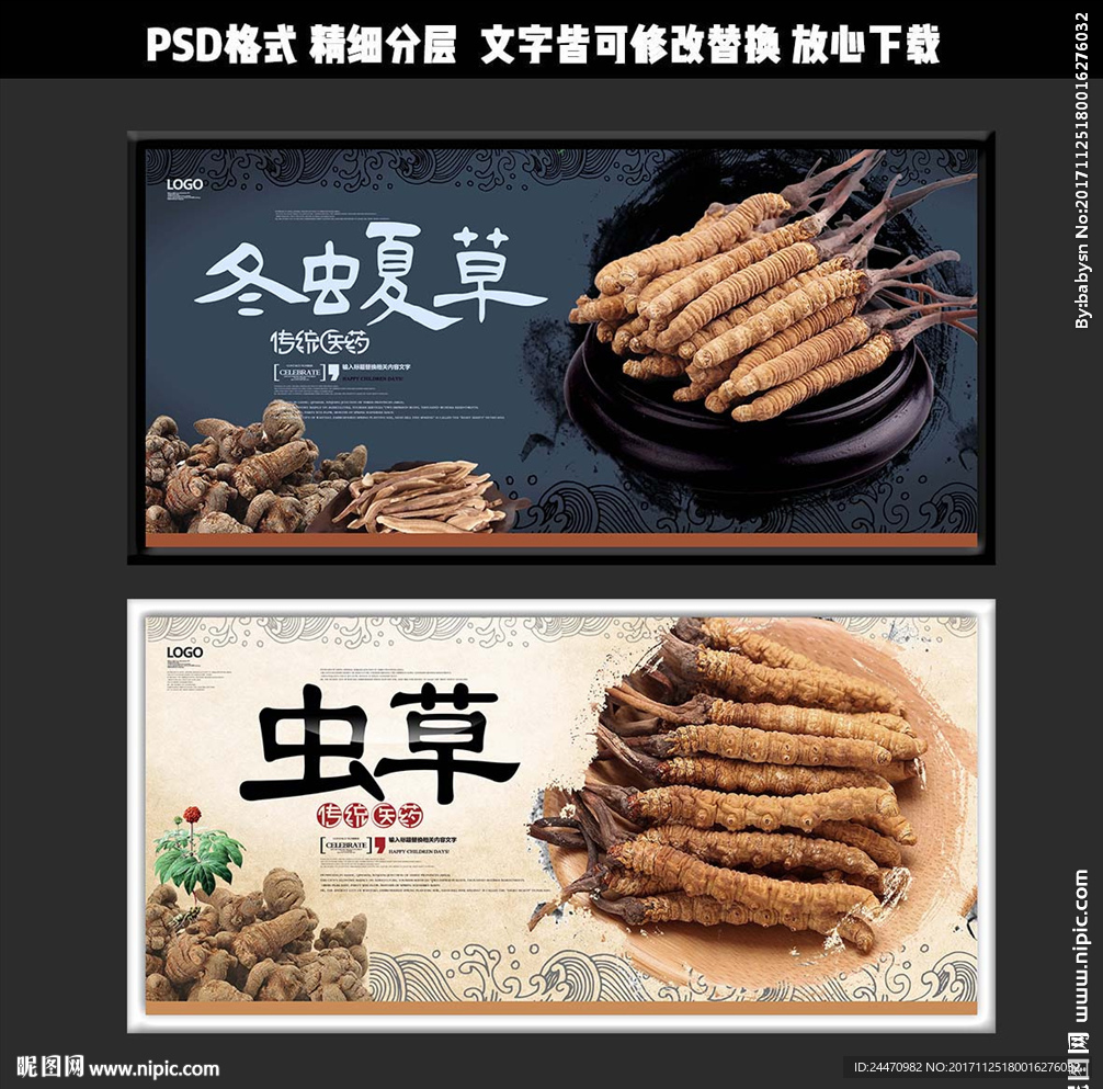 高档典雅古风中药冬虫夏草展板