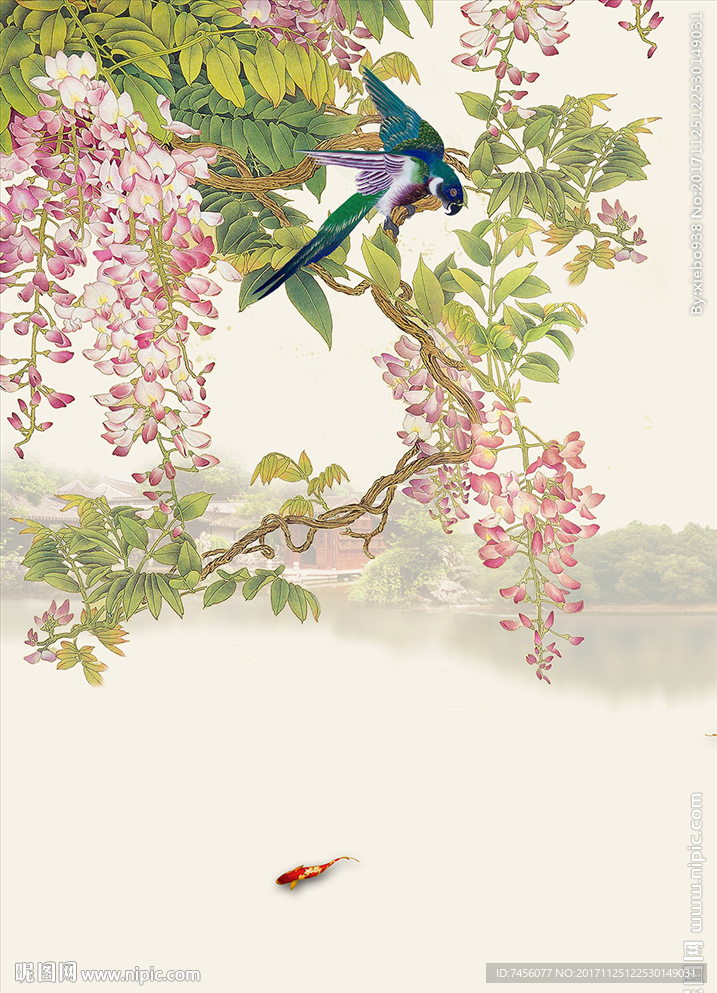 水墨花鸟中式玄关过道