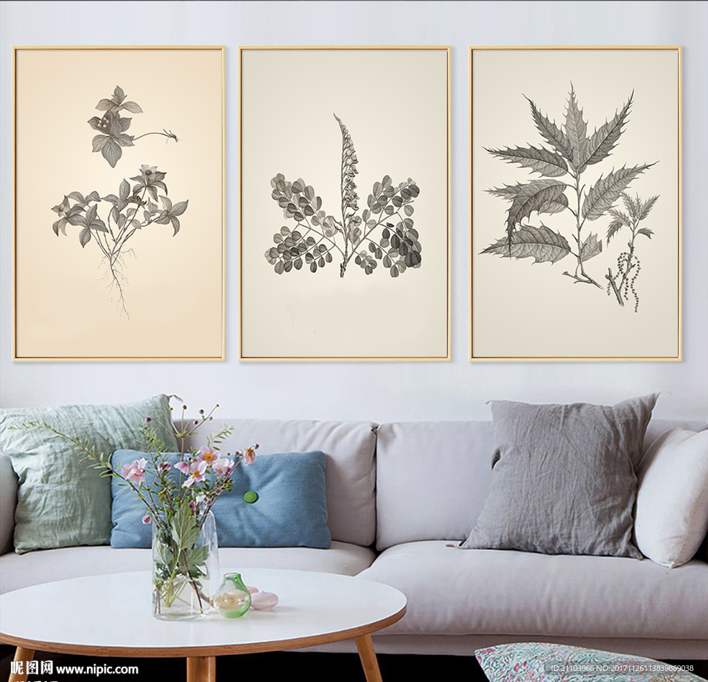 北欧简约复古叶子植物无框画