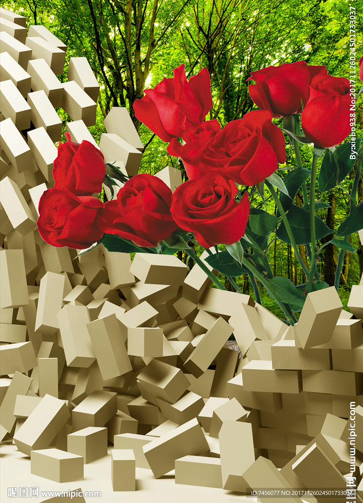 破墙红玫瑰花束立体玄关过道