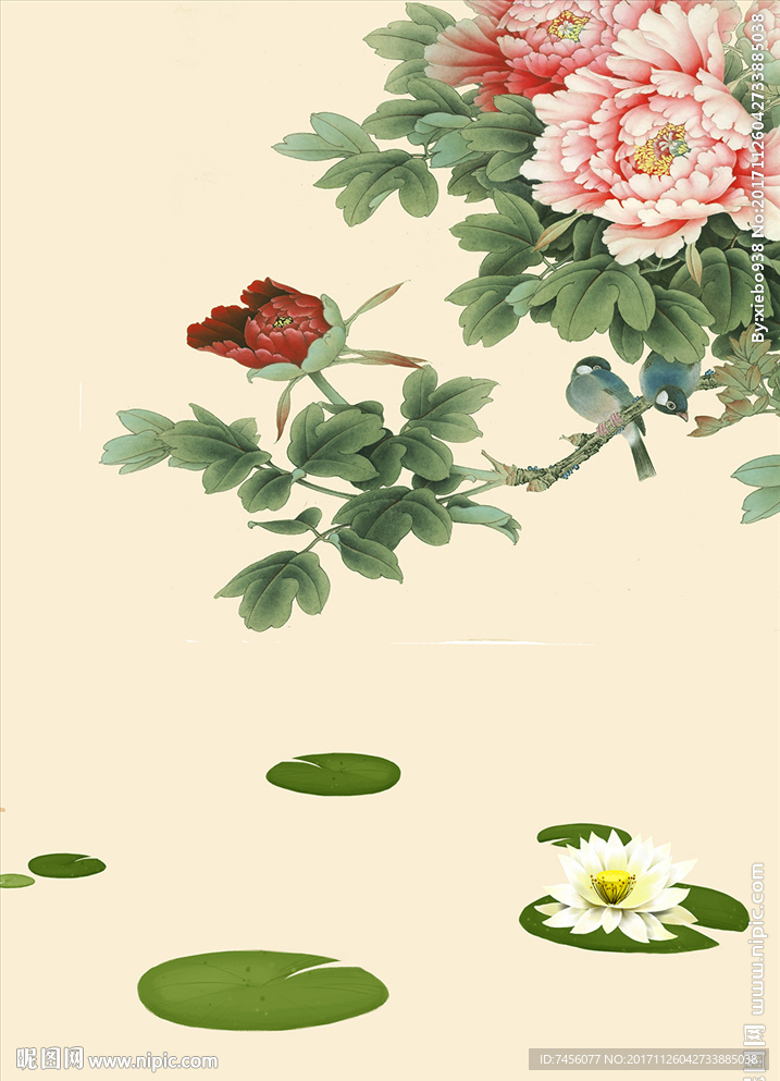 牡丹莲花水墨中式玄关过道