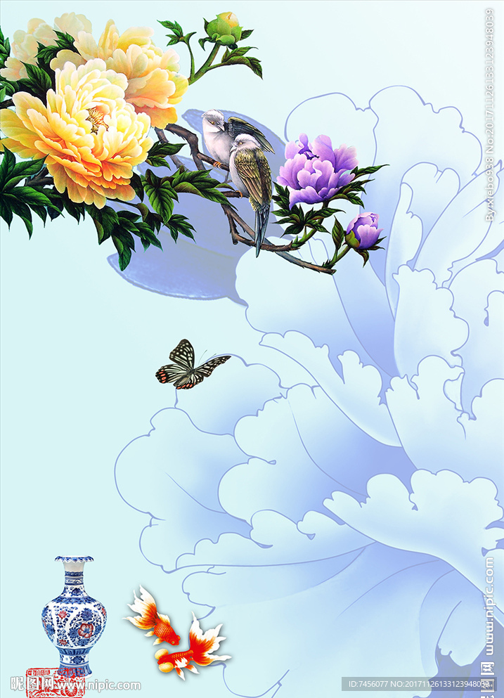 蝶恋牡丹花立体玄关过道