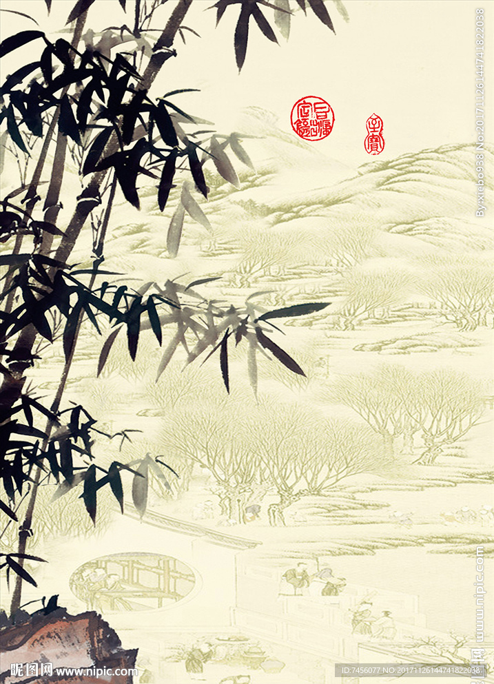 水墨竹林中式玄关过道