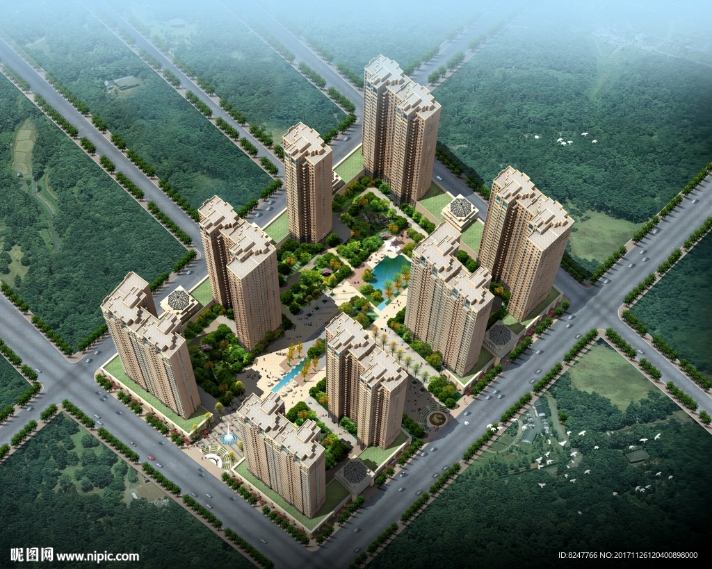 住宅区鸟瞰建筑效果图