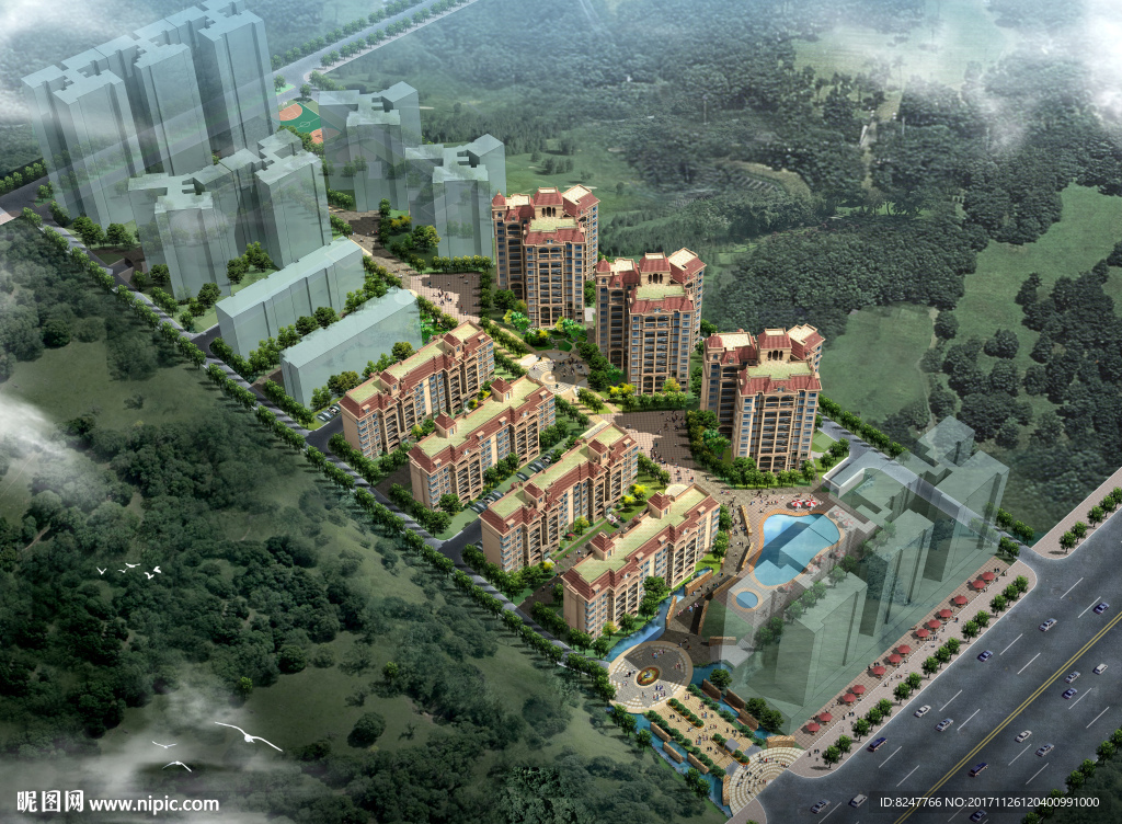 住宅区鸟瞰建筑效果图