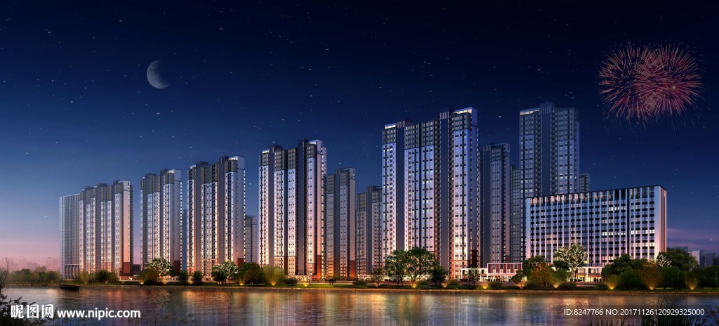江边住宅夜景建筑效果图