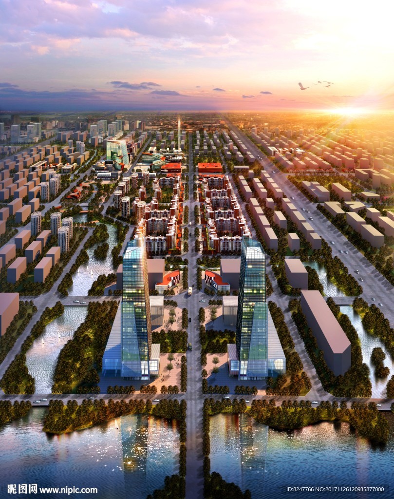 住宅区鸟瞰黄昏建筑效果图