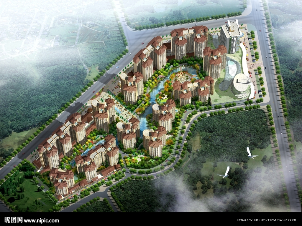 高层住宅鸟瞰建筑效果图