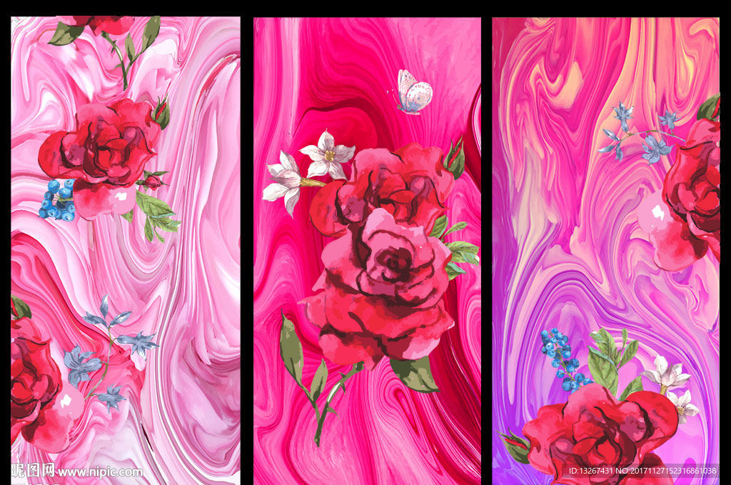 抽象艺术花卉三联画