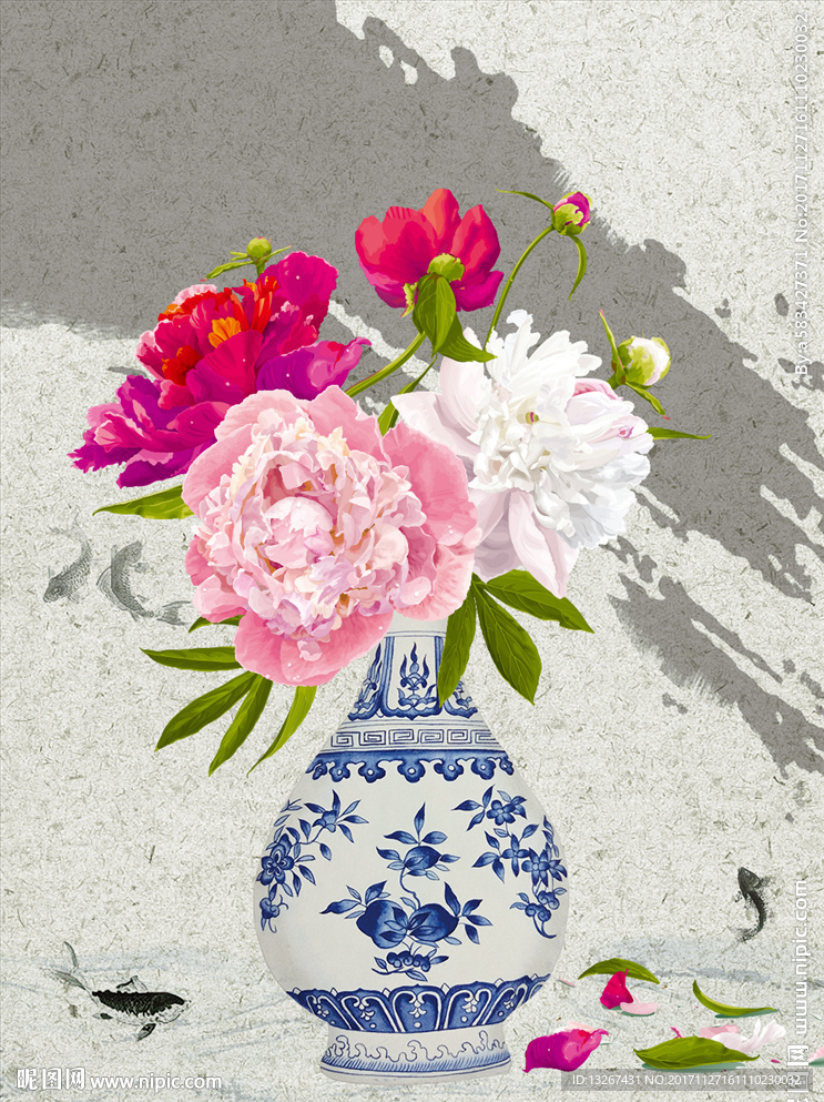 中式牡丹青花瓷玄关