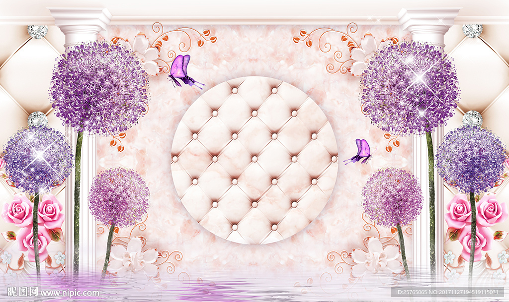 现代蒲公英罗马柱软包电视背景墙