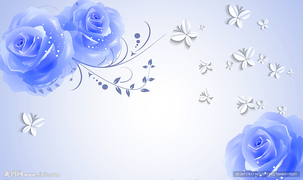 现代蓝色玫瑰简约蝴蝶电视背景墙