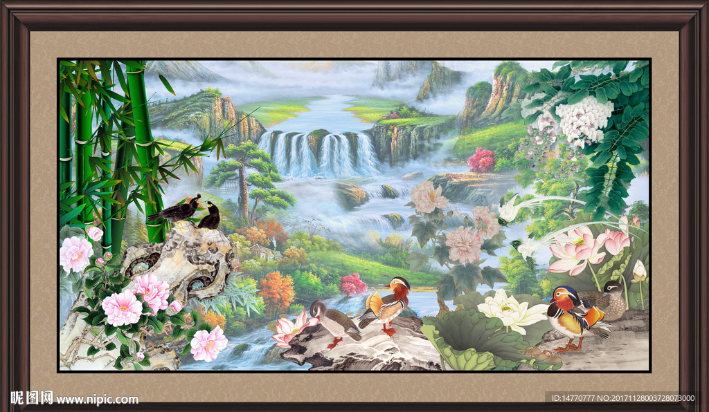 风景花鸟荷花图